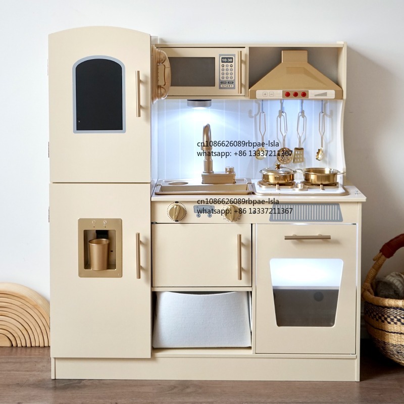 Kids Toys Kitchen Set - 木製ごっこ遊びクッキングセット、リアルな光と音の電子レンジシミュレーション、男の子女の子向けキッズ用おもちゃ