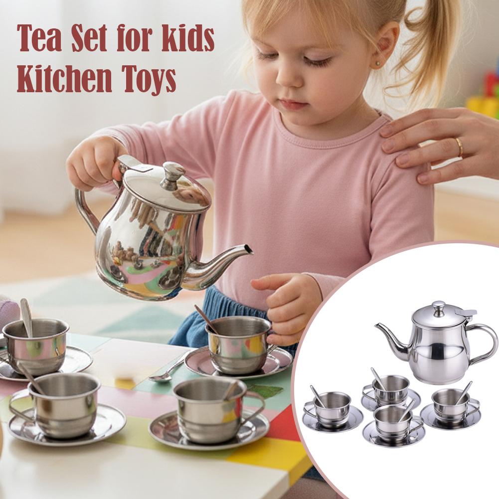 Kids Toys Kitchen Set - キッズステンレススチールティーセットごっこ遊びキッチンおもちゃ耐熱安全ティーポットカップ男の子女の子向け就学前学習用